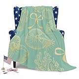 Ocean Shell Throw Blanket 40”×50” for Couch Sofa Bed, Gold Seahorse Shells Bowknot Coral Green Super Soft Fuzzy Plush Cozy Flannel Blankets for Home, Idea Gifts for Adults Women Men