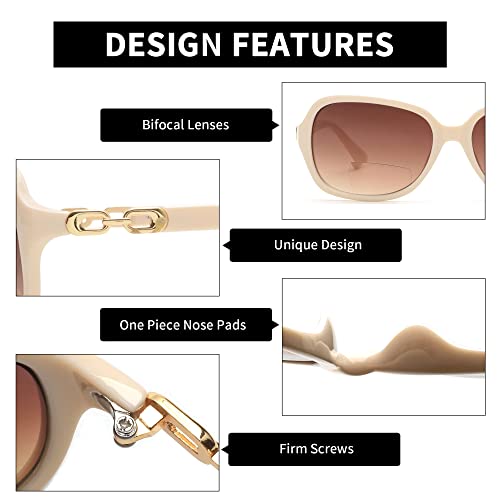 JM Bifocal Reading Sunglasses for Women Vintage Reader Glasses UV Protection Outdoor Beige +2.25 - Image 4