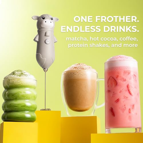 Image of Zulay Kitchen Cow Milk Frother Wand - Cutesy Frother, Meet Your New Frothing Buddy Misty The Cow, Adoption Papers and Stickers Included, Purrr-fect for Lattes, Cappuccino & Matcha - Gray