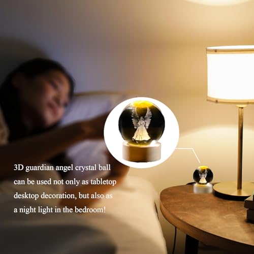Image of Arikyrist 60mm Angel Crystal Ball Night Light with Wooden Base, 3D Laser Engraved Glass Sphere Angel Figurines Gifts for Women Friends,Guardian Angel Glass Paperweight Home Decor Crafts.