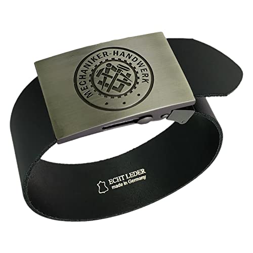 GravurManufakturBerlin Hosengürtel Mechaniker Handwerk Zunftzeichen Ledergürtel 4 cm breit Einheitslänge kürzbar