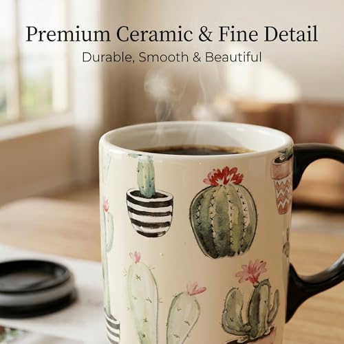 Topadorn Ceramic Mugs Porcelain Latte Tea Cup Coffee Mug with Lid and Handle Coffee Cup, Microwave & Dishwasher Safe, 17oz Unique Coffee Mug for Latte & Hot Chocolate, Cactus by Topadorn - Image 8