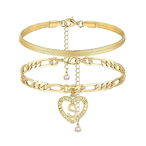 Image of YANODA Gold Ankle Bracelets for Women Waterproof, 14k Gold Plated Layered Snake Anklets Figaro Chain Letter Initial Anklets Handmade Heart Ankle Bracelets Personalized for Women Beach Jewelry Gifts