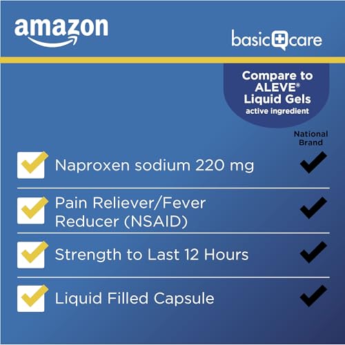 Amazon Basic Care Naproxen Sodium 220 mg Liquid Gels, Pain Reliever/Fever Reducer (NSAID), Headache, Backache, Menstrual Pain, Arthritis Pain, 12-Hour Relief, 180 Count (previously A+ health) - image 3