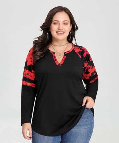 Image of CARCOS Plus Size Tops for Women Long Sleeve Fall Tunic Color Block Camo /Plaid /Leopard /Fall Blouse Crewneck Tshirt XL-5XL