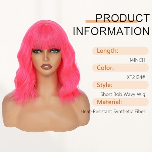 Image of AGO Pink Wigs with Bangs Pastel Bob Wig Shoulder Length 14Inch Synthetic Hair for Women Girl Heat Resistant Fiber Wig for Daily Party Halloween Cosplay Use(XT2124#HotPink)