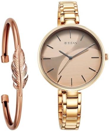 Titan Purple Stackables Quartz Analog Two Toned Champagne and Rose Gold Dial Gold Stainless Steel Strap Watch for Women - NT2714WM01F