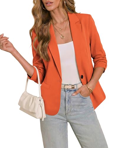 LookbookStore Womens Blazer for Work and Casual 3/4 Sleeve Fitted Suit Jacket Dressy Vibrant Orange - Medium Fits Size 8-10