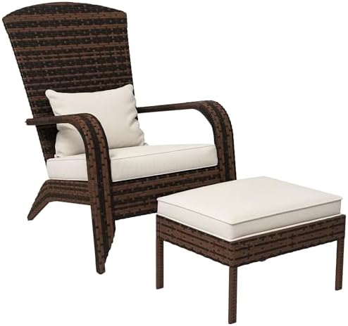 Outsunny Patio Wicker Adirondack Chair with Ottoman, Outdoor Fire Pit Chair with Cushions, High-Back, Large Seat & Armrests for Deck, Garden & Backyard, Cream White