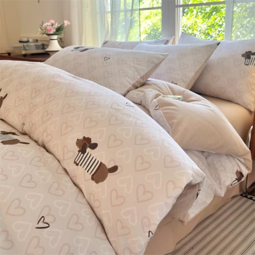 Image of Dachshund Duvet Cover Full Size Brown Dog Puppy White Pink Heart Reversible Comforter Cover Set 3 Pcs Kids Cute Soft Lightweight Microfiber Bedding Set with Zipper Closure and 2 Pillowcases