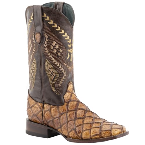 Men's Bronco Pirarucu Print Square Toe Leather Heeled Western Boots2