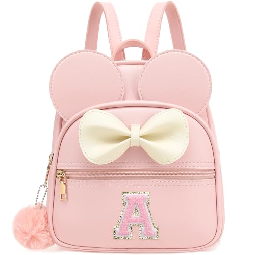 PRLINJSK Initial Mini Backpack for Girls Toddler Kids, Small Mouse Personalized Bowknot Purse Gift(Pink A)