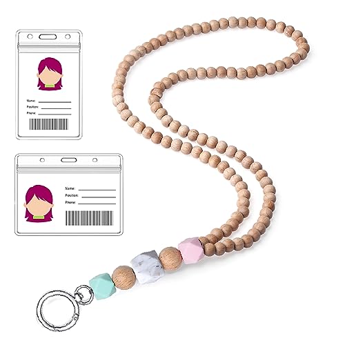 Image of Teacher Lanyard Lanyards for ID Badges Keys Women Wood Silicone Beaded Lanyard with ID Holder Work Jewelry