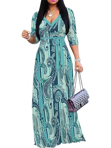 Image of PinkPatty Plus Size Maxi Dress for Women Casual V Neck 3 /4 Sleeve Boho Printed Long Dress with Pockets