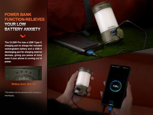 Fenix CL26R Pro Camping Lantern, Olive Drab, 650 lumens Bright, USB-C Rechargeable , Compact and Portable Perfect for Hurricane, Emergency, Hiking, Power Outage with LumenTac Organizer