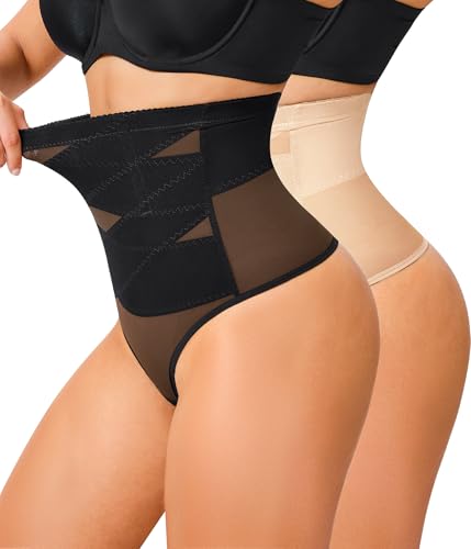 KUMAYES Tummy Control Shapewear Thong for Women - High Waisted Thong Compression Underwear Body Shaper Girdle Panty 2 Pack