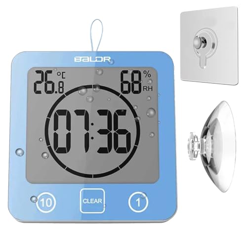 Reloj de pared impermeable para baño, temporizador de ducha, reloj despertador digital de cuenta regresiva visual grande con temperatura y humedad, succión de espejo y cuerda para colgar y soporte