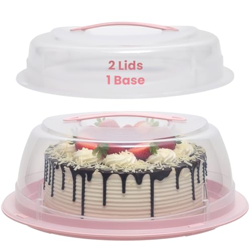 EPISENT Large Cake and Cupcake Carrier with 2 Lids, Round 11 Inch Dessert Storage Box, Lockable Plastic Container with Carry Handle for Transporting Home Baking
