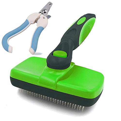 Maimuxi Pet Grooming Brush Green,Self Cleaning Slicker Brushes for Dogs,Cats and Big Pets,Long & Thick Hair Best Pet Shedding Tool ，Come with Pet Nail Scissors