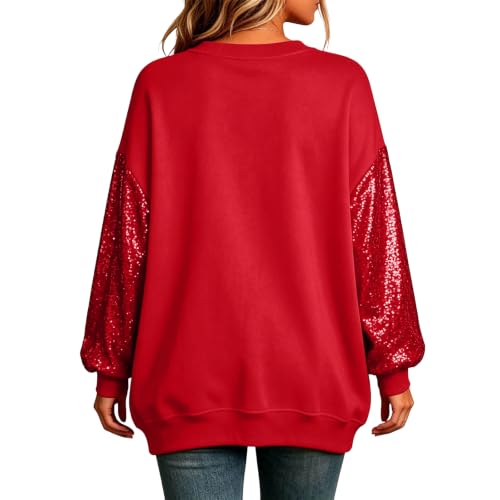 Sequin Tops Women Oversized Patchwork Sleeve Sparkly Sweatshirts Red S - image 9
