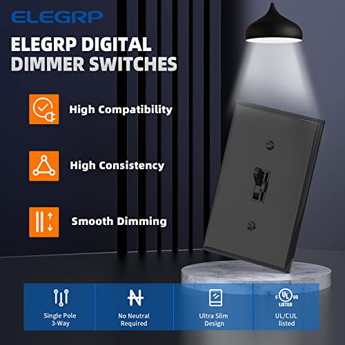 Elegrp Toggle Dimmer Switch For Dimmable Led, Cfl And Incandescent Light Lamp Bulbs, Single Pole Or 3-Way, Full Control With Preset, Rocker Paddle, Wall Plate Included, Ul Liste, 1 Pack, Glossy Black #TOP2