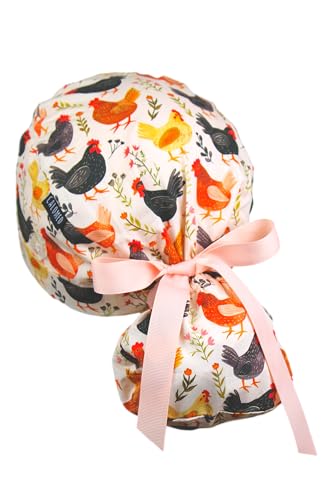 Image of Scrub Cap for Women and Men, Ponytail Scrub Caps, Working Hat, Head Cover with Ribbon Ties and Buttons, Long Hair