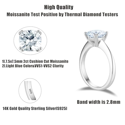 DovEggs Moissanite Engagement Rings for Women 2ct Diameter 7.5mm Cushion Cut 2.8mm Width 8 Prongs Light Blue Moissanite Wedding Ring Solitaire for Women 14K Gold Quality Sterling Silver2