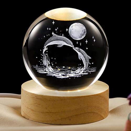 Image of Desidiya 3D Crystal Ball Night Light Lamp with Dolphin Design Night LED Lamp with Wooden Base for Kids Room, Bedroom Home Decor, Office, Birthday Gift Decorations for Men, Women, Diwali Gift