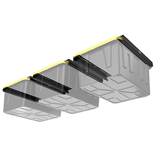 Image of Koova Overhead Bin Rack for Three Bins | Overhead Garage Storage Rack to Mount on Ceiling with Adjustable Width | Supports Most Black and Yellow Storage Bins | 3 Sets