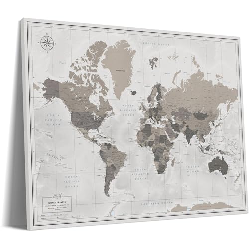 Carte du monde de voyage à épingle sur toile 32x24 Sable sauvage décorative