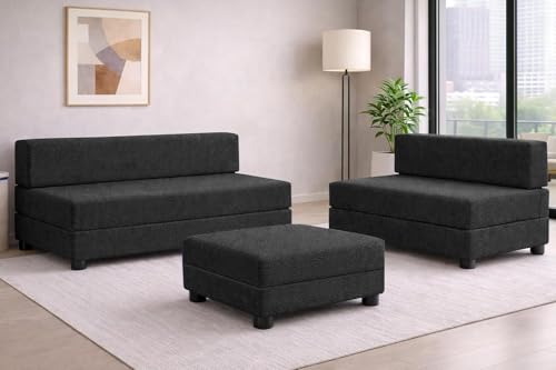 Image of Rosebell 3+2 Convertible Leg Sofa Cum Bed Set with Ottoman Jute Fabric Foldable Modular Seating & Sleeper, Space Saving Living Room Furniture Black Color