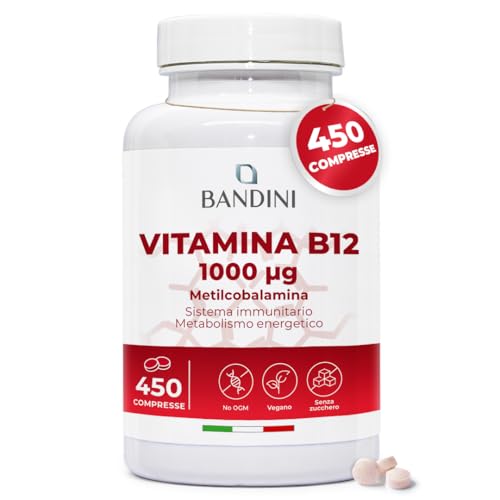 Bandini® Vitamina B12 450 Vegan (Scorta +14 Mesi), Metilcobalamina 1000µg, Compresse Vegane al 100%, Vitamine B 12 per il Sistema Immunitario, Vit B Metabolismo energetico, Stanchezza Fisica e Mentale