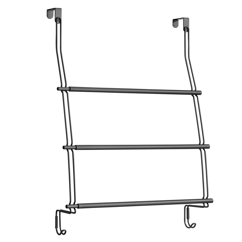 mDesign Expandable Metal Over Shower Door Towel Rack for Bathroom - 3-Tier Organizer with 2 Large Hooks - Holder for Hand/Bath Towels, Washcloths, Loofahs, Sponges - Trinity Collection - Matte Black