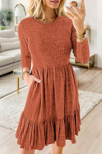 Naggoo Women's Long Sleeve Ruffle Dress Casual Crew Neck Tunic A-Line Babydoll Sweater Dresses with Pockets3