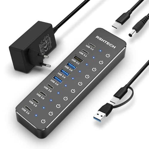 Hub USB Alimentato, RSHTECH 10 porte Hub USB 3.2/USB-C con 3 Porte Dati 10Gbps...