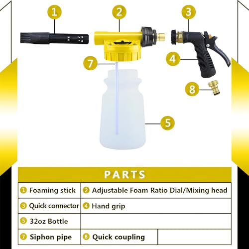 Auto-Schaumpistole, 900ML Multifunktionale Auto Reinigung Schaum Pistole, Einstellbare Profi Schaum Waschpistole für Auto-und Motorrad Gärten Waschen Werkzeug fit Gartenschlauch SchaumsprüHer (Gelb)
