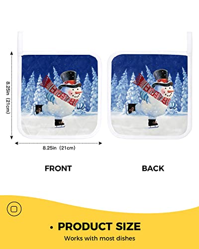 2 Pack Blue Snowman Pot Holders Sets For Kitchen,Oven Pan Plate Bowl Pads Heat Proof Mat With Hanging Loop,Christmas Winter Xmas Snowy Tree Skiing Thick Cloth Potholders Non Slip Soft For Cooking #TOP2