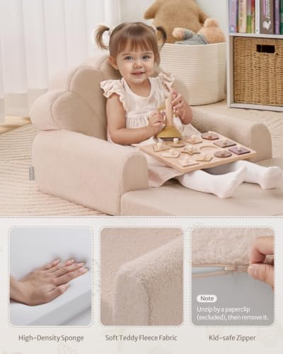 Image of Blissful Diary Foldable Kids Couch, 2-in-1 Kids Sofa Chair, Beige Shell | 50.8 inch Fold-Out Play Area, Supportive Foam, Washable Cover, Carry Handle, Pre-Assembled, Kid-Safe Zipper