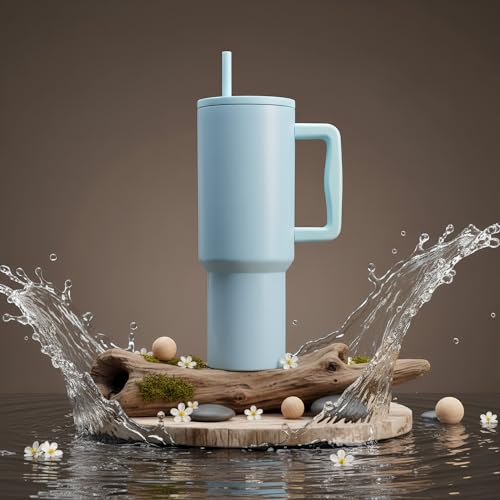 Image of Personalised 1200ml Insulated Stainless Steel Tumbler with Handle and Straw Lid - Large Travel Mug for Coffee & Water, Double Wall Vacuum Cup, Car Cupholder Friendly (Cloud Blue)