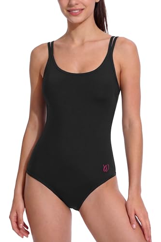 westag Periodenunterwäsche Damen Menstruations auslaufsicher einteiliger Badeanzug Doppelriemen sportlicher Badeanzug für Mädchen Schwarz S