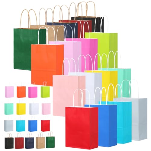 rokrist Bolsas de Regalo de Colores con Asa 17 pcs Bolsas de Papel de Colores, Bolsas de Fiesta de Papel Kraft, para Fiestas de Navidad, Bodas, Cumpleaños, Dulces, Bricolaje (21x15x8cm)