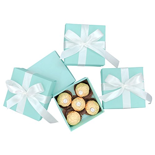 Small Square Turquoise Candy Box Blue Wedding Favors Teal Gift Boxes With Lids And Silk Ribbon For Wedding Baby Bridal Showers Birthday Party Supply, 12Pc (Aqua Blue) #TOP2