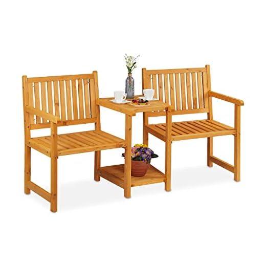 Relaxdays Banco Jardín con Mesa Integrada, 2 Plazas, Asiento Exterior Madera, Balcón y Terraza, 86x161x61 cm, Natural