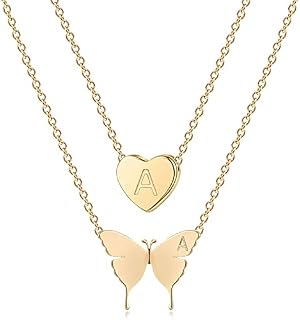 Minegreet Gold Initial Layered Necklace 18K Gold Plated Butterfly and Heart Pendant Name Necklaces Delicate Everyday Necklace for Women Minimalist Personalized Jewelry