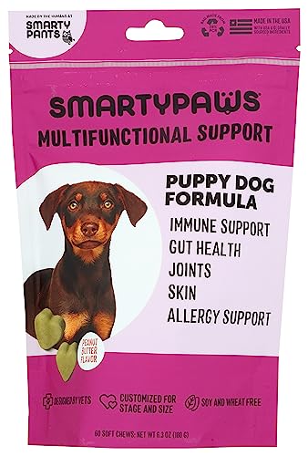 SMARTYPAWS SmartyPants Dog Vitamins and Supplements, Multivitamin with Glucosamine, Chondroitin, & Probiotics for Joint, Skin, & Gut Support, Peanut Butter Flavor, 60 Soft Chews by SmartyPaws SMARTYPAWS SmartyPants Dog Vitamins and Supplements, Multivitamin with Glucosamine, Chondroitin, & Probiotics for Joint, Skin, & Gut Support, Peanut Butter Flavor, 60 Soft Chews by SmartyPaws