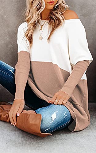 Prettygarden Women’s Causal Loose Sweater Color Block Knit Pullover Off Shoulder Comfy Jumper Tops (Khaki,Medium) #TOP2