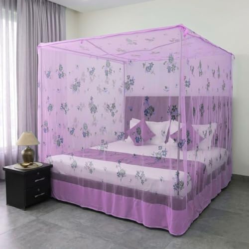 Image of Mosquito Net for King Size Bed - Foldable Square Mosquito Net Double Bed | Mosquito Net for Queen Size Bed | Mosquitoes Net for Sukun Wali Neend (6.5ft x 6.5ft, White) (Purple)