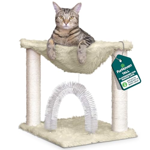 Image of FurHaven 17.3 inch Tall Cat Scratching Post Tower for Indoor Cats, Sisal Cat Tree, Tiger Tough Hammock Interactive Playground, Toys & Perches for Cats, Sisal, Cream