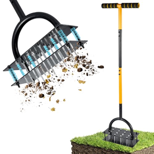 ROCKY&CHAO Aireador Manual para césped – Herramienta con Base Doble, 16 púas y 4 resortes, Mango en T Altura Ajustable, Ideal para Suelos compactos y Cuidado del jardín