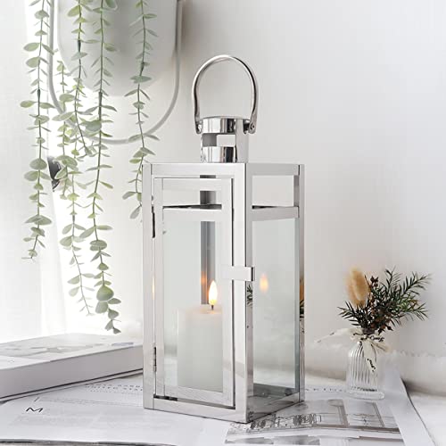 TRIROCKS Stainless Steel Decorative Lantern 30cm High Metal Hanging Candle Holder with Clear Glass Panels Perfect for Home Decor Living Room Parties Events Tabletop Indoors Outdoors (Silver) - Image 3